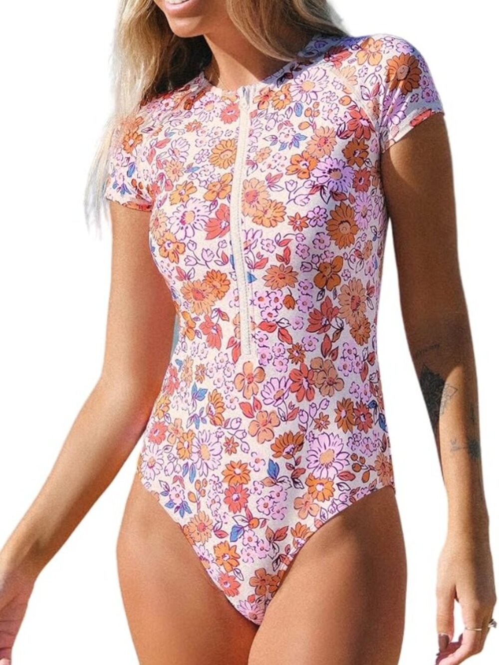 ✨ CUPSHE One Piece Swimsuit Mock Neck Zipper Short Sleeve Medium NWT - Picture 3 of 8